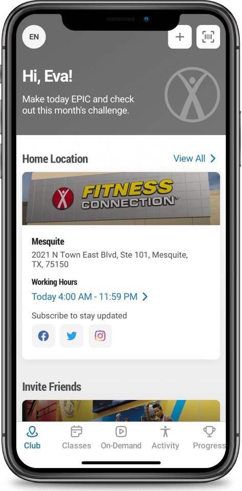 an image of a fitness connection mobile app home screen